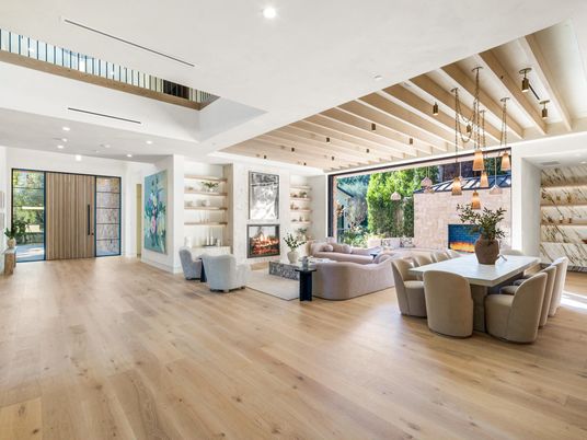 Dining room, Fireplace, Interior, Living room, Pendant Lights, Recessed Lighting, Wooden Beams, Wooden Ceilings, Wood Texture Flooring