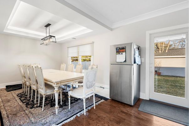 Dining room, Interior, Pendant Lights, Wood Texture Flooring