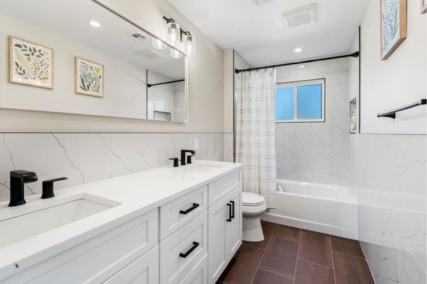 Bathroom, Dual Sink Vanities, Interior, Marble Walls, Recessed Lighting