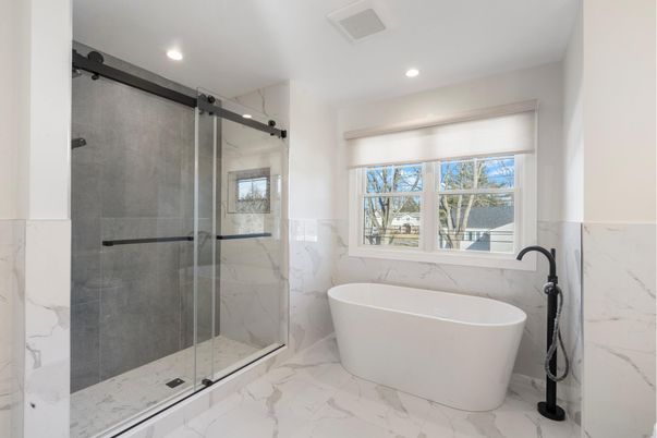 Bathroom, Free Standing Baths, Glass Shower, Interior, Marble, Marble Walls, Recessed Lighting