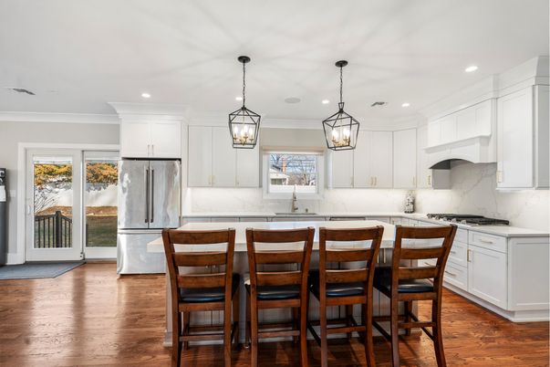 Interior, Kitchen, Marble Walls, Pendant Lights, Recessed Lighting, Wood Texture Flooring