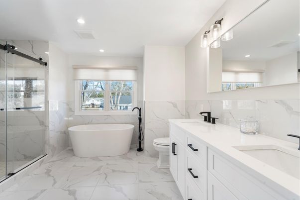 Bathroom, Dual Sink Vanities, Free Standing Baths, Glass Shower, Interior, Marble, Marble Walls, Recessed Lighting