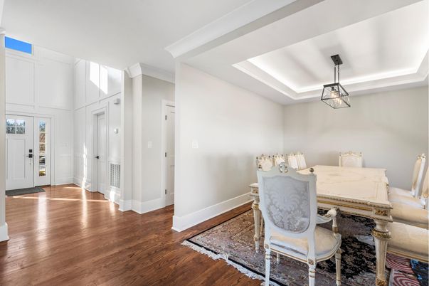 Dining room, Interior, Pendant Lights, Wood Texture Flooring