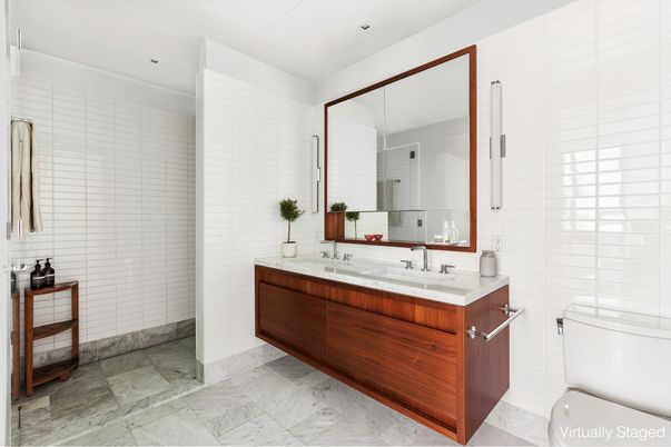 Bathroom, Dual Sink Vanities, Glass Shower, Interior, Marble, Recessed Lighting