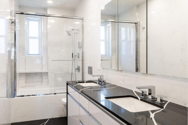 Bathroom, Glass Shower, Interior, Marble Walls, Recessed Lighting