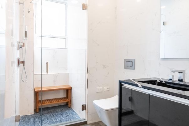 Bathroom, Glass Shower, Interior, Marble Walls
