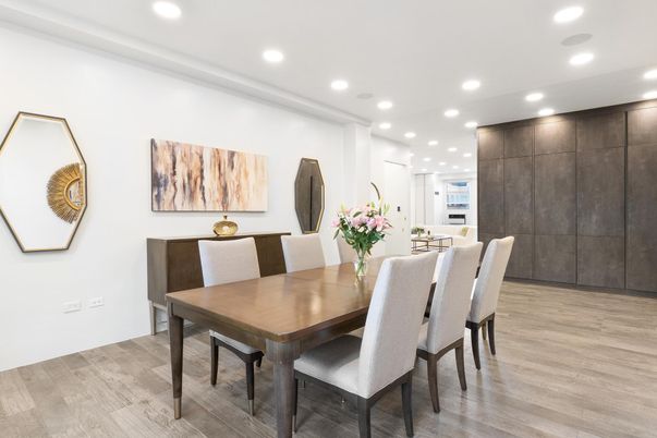 Dining room, Interior, Recessed Lighting, Wood Texture Flooring
