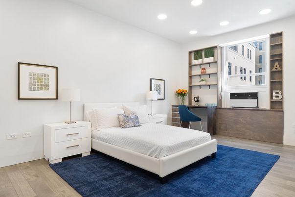 Bedroom, Fireplace, Home Office, Interior, Recessed Lighting, Wood Texture Flooring