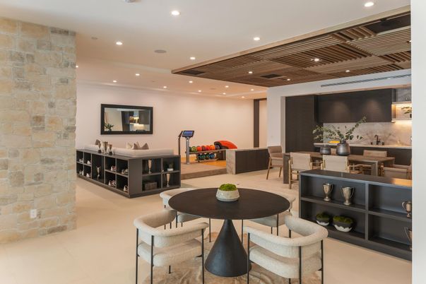 Dining room, Interior, Living room, Recessed Lighting, Stone Walls