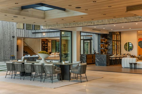 Dining room, Interior, Recessed Lighting, Wooden Ceilings, Wood Texture Flooring