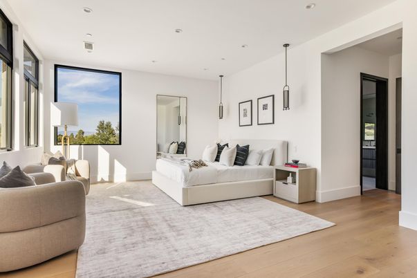 Bedroom, Interior, Pendant Lights, Recessed Lighting, Wood Texture Flooring