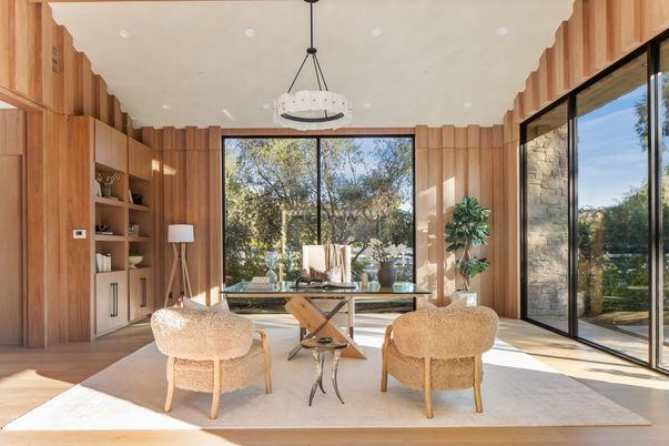 Home Office, Interior, Pendant Lights, Recessed Lighting, Wood Texture Flooring, Wooden Walls