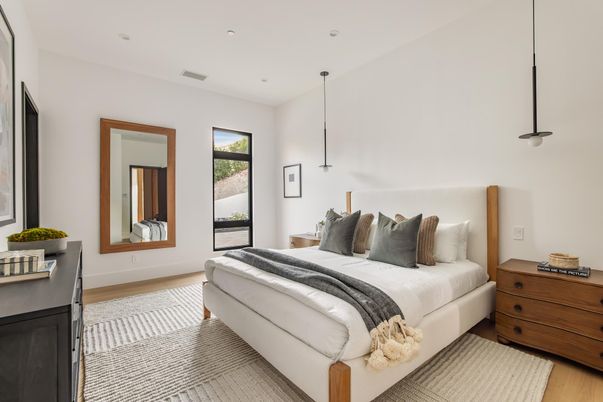 Bedroom, Interior, Pendant Lights, Recessed Lighting, Wood Texture Flooring
