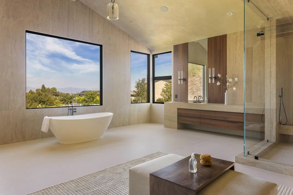 Bathroom, Free Standing Baths, Glass Shower, Interior, Recessed Lighting