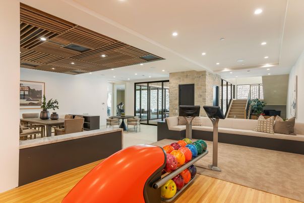 Fitness Equipment, Interior, Recessed Lighting, Stone Walls, Wood Texture Flooring