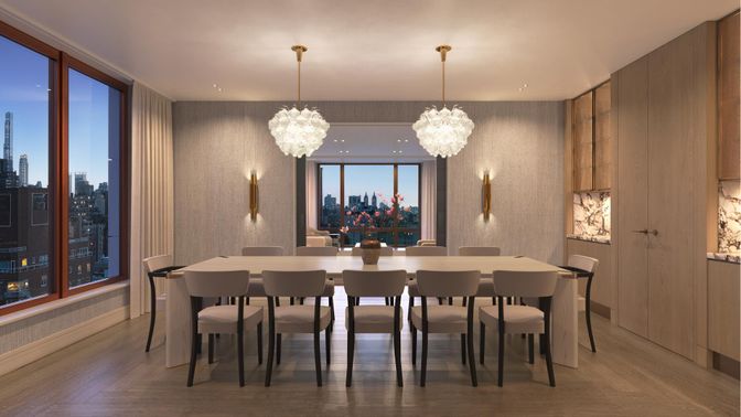 Chandelier, Dining room, Interior, Recessed Lighting, Wood Texture Flooring