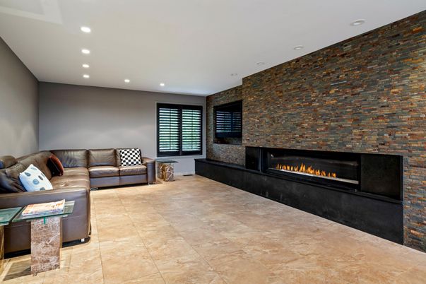 Fireplace, Interior, Living room, Recessed Lighting, Stone Walls
