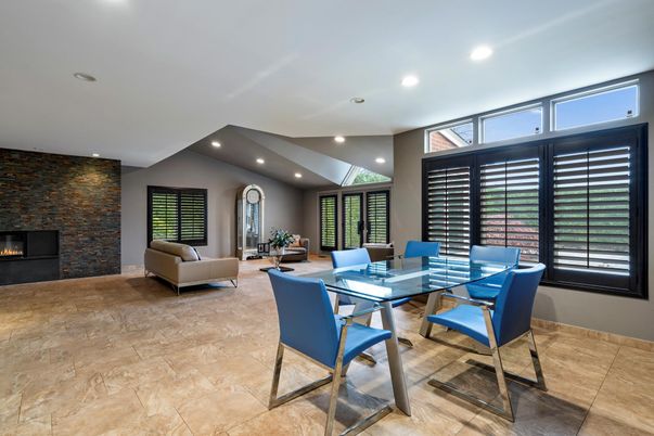 Dining room, Fireplace, Interior, Living room, Recessed Lighting, Stone Walls