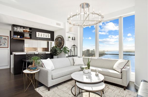 Chandelier, Interior, Kitchen, Living room, Pendant Lights, Recessed Lighting, Water, Wood Texture Flooring