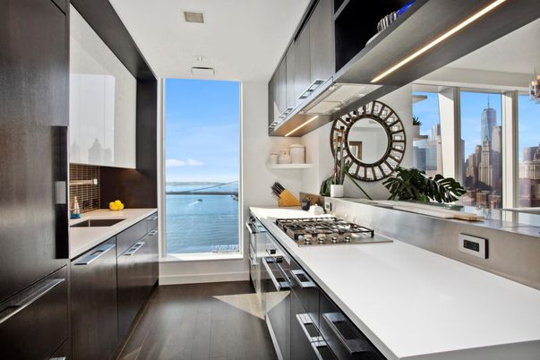 Interior, Kitchen, Recessed Lighting, Stainless Steel Appliances, Water, Wood Texture Flooring
