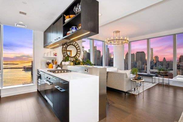Interior, Kitchen, Living room, Pendant Lights, Recessed Lighting, Stainless Steel Appliances, Water, Wood Texture Flooring