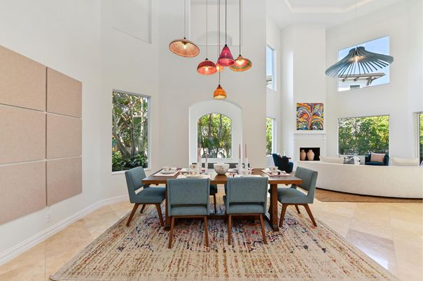 Dining room, Fireplace, Interior, Living room, Pendant Lights
