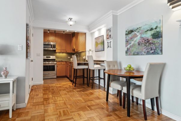 Dining room, Interior, Kitchen, Stainless Steel Appliances, Wood Texture Flooring