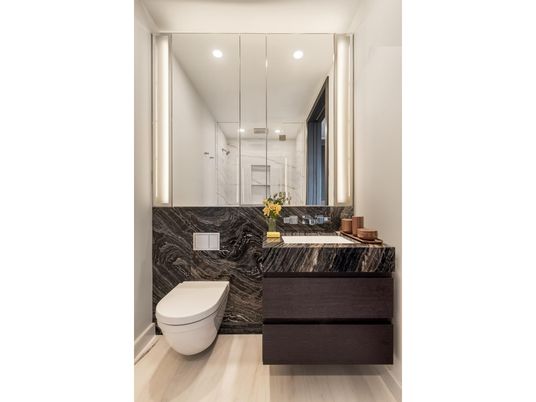 Bathroom, Glass Shower, Interior, Recessed Lighting, Wood Texture Flooring
