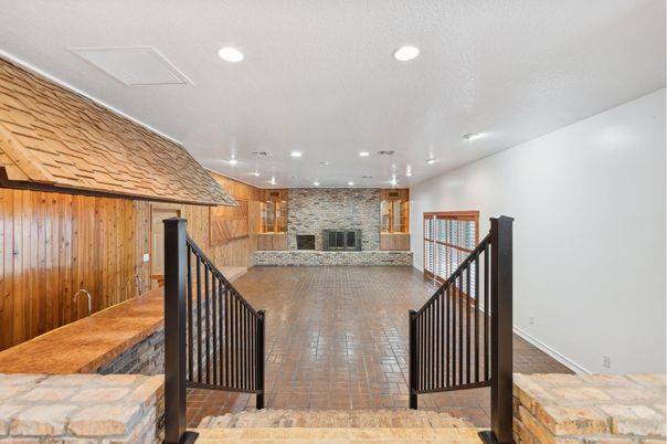 Fireplace, Interior, Recessed Lighting, Stone Walls, Wooden Walls