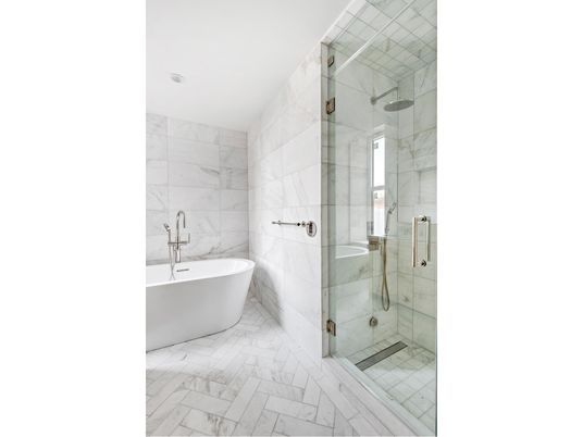 Bathroom, Free Standing Baths, Glass Shower, Interior, Marble, Marble Walls, Recessed Lighting