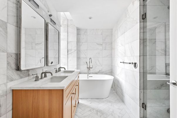 Bathroom, Dual Sink Vanities, Free Standing Baths, Glass Shower, Interior, Marble, Marble Walls, Recessed Lighting