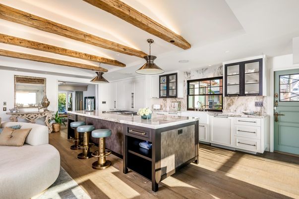 Interior, Kitchen, Pendant Lights, Recessed Lighting, Wooden Beams, Wood Texture Flooring