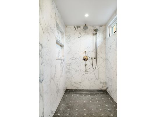 Bathroom, Glass Shower, Interior, Marble Walls, Recessed Lighting
