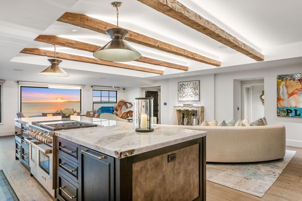 Interior, Kitchen, Living room, Pendant Lights, Recessed Lighting, Stainless Steel Appliances, Wooden Beams, Wood Texture Flooring