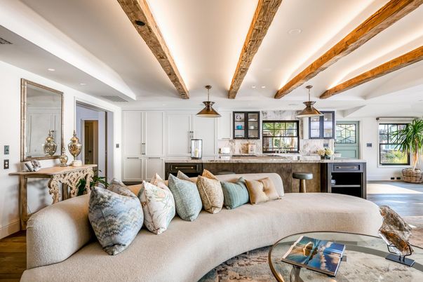 Interior, Kitchen, Living room, Pendant Lights, Recessed Lighting, Stainless Steel Appliances, Wooden Beams, Wood Texture Flooring