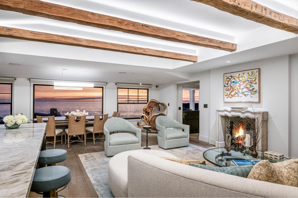 Dining room, Fireplace, Interior, Living room, Recessed Lighting, Water, Wooden Beams, Wood Texture Flooring