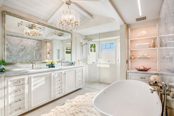 Bathroom, Chandelier, Dual Sink Vanities, Free Standing Baths, Glass Shower, Interior