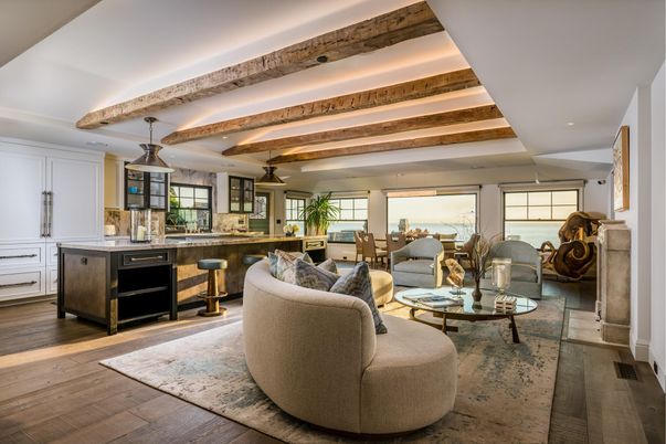 Interior, Kitchen, Living room, Pendant Lights, Recessed Lighting, Wooden Beams, Wood Texture Flooring