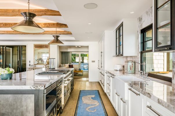 Interior, Kitchen, Living room, Pendant Lights, Recessed Lighting, Stainless Steel Appliances, Wooden Beams, Wood Texture Flooring