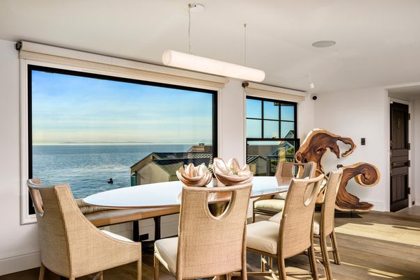 Dining room, Interior, Pendant Lights, Water, Wood Texture Flooring