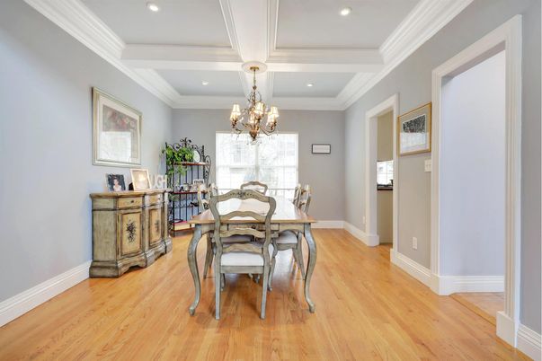 Chandelier, Dining room, Interior, Recessed Lighting, Wood Texture Flooring