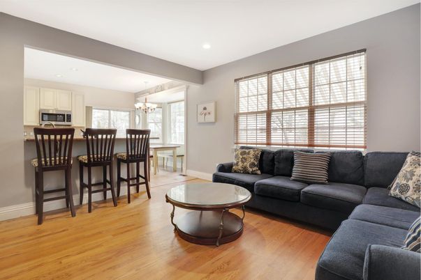Chandelier, Dining room, Interior, Kitchen, Living room, Recessed Lighting, Stainless Steel Appliances, Wood Texture Flooring