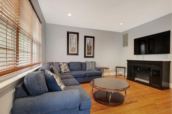 Fireplace, Interior, Living room, Recessed Lighting, Wood Texture Flooring
