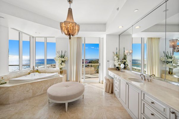 Bathroom, Chandelier, Dual Sink Vanities, Interior, Recessed Lighting, Water