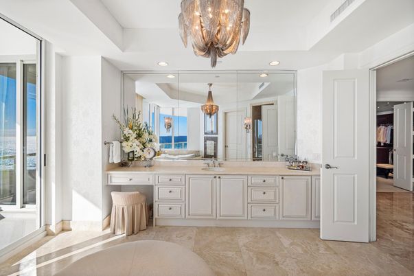 Bathroom, Chandelier, Dual Sink Vanities, Interior, Recessed Lighting