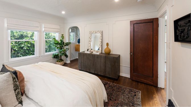 Bedroom, Interior, Recessed Lighting, Wood Texture Flooring