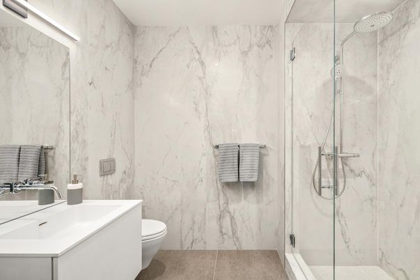 Bathroom, Glass Shower, Interior, Marble Walls