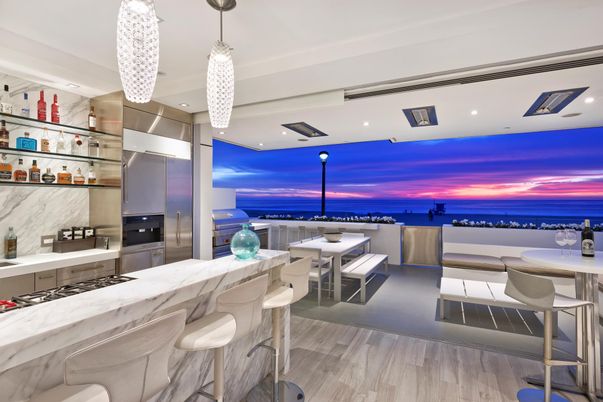 Interior, Kitchen, Marble Walls, Pendant Lights, Recessed Lighting, Water, Wood Texture Flooring
