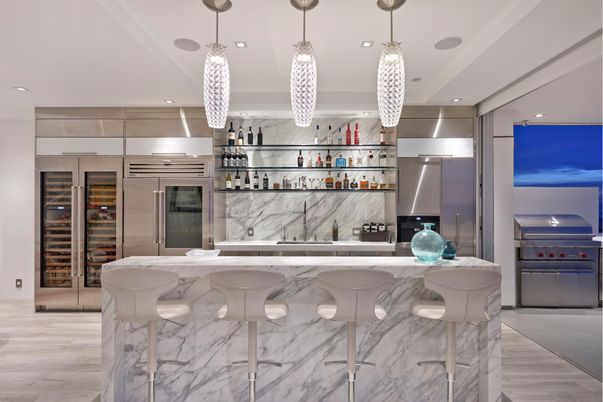 Interior, Kitchen, Pendant Lights, Recessed Lighting, Stainless Steel Appliances, Wine Storage, Wood Texture Flooring