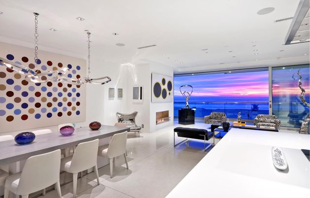 Dining room, Fireplace, Interior, Pendant Lights, Recessed Lighting, Water